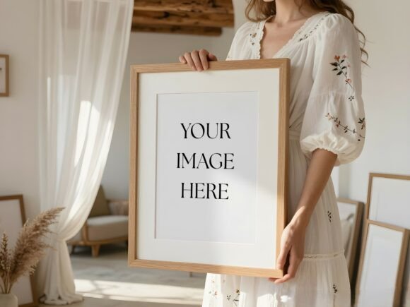 Download Woman Holding Wood Frame Mockup - Frame mockup Collection