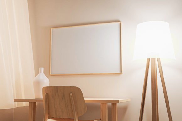 Download Frame Mockup in Beige Wood Interior - Frame mockup Collection
